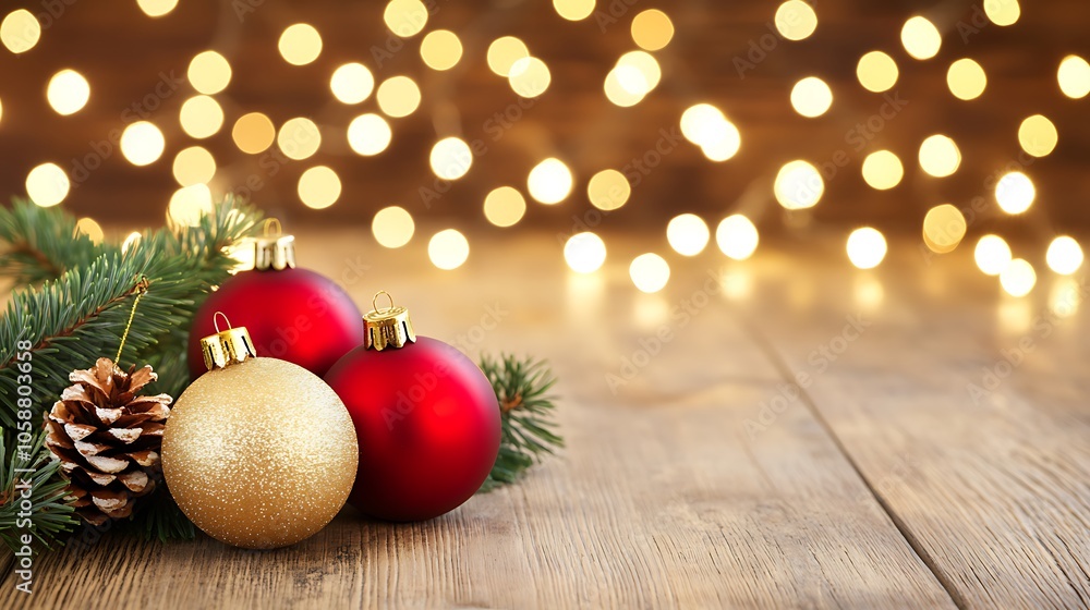 Poster christmas ornaments with lights plain textured background for web design and copy