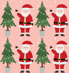 Seamless background	with cute Santa, Christmas tree and snow. Funny holiday pattern 