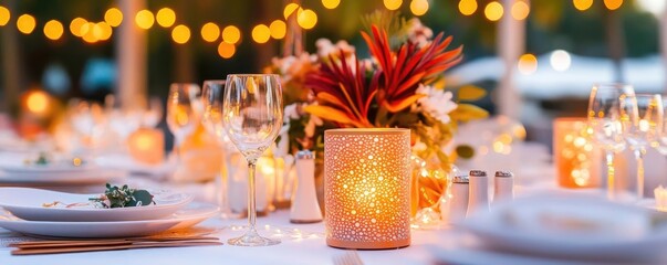 Outdoor birthday setup with twinkling fairy lights, detailed table settings, and a magical celebration vibe