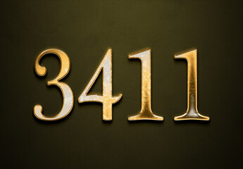 Old gold effect of 3411 number with 3D glossy style Mockup.	