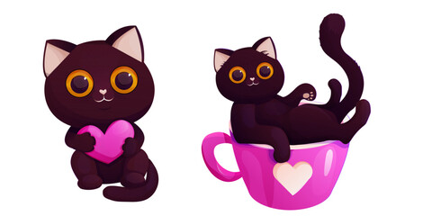 Set Black funny cat in pink cup and with heart, cute cartoon character waving pet. Adorable love card, kitten in mug.