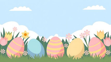 Colorful Easter Eggs Nestled in Grass with Flowers and a Blue Sky