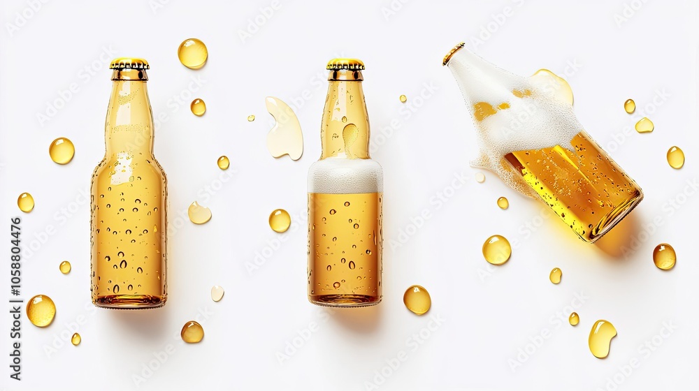 Poster refreshing bottles of beer with droplets on a light background generative ai