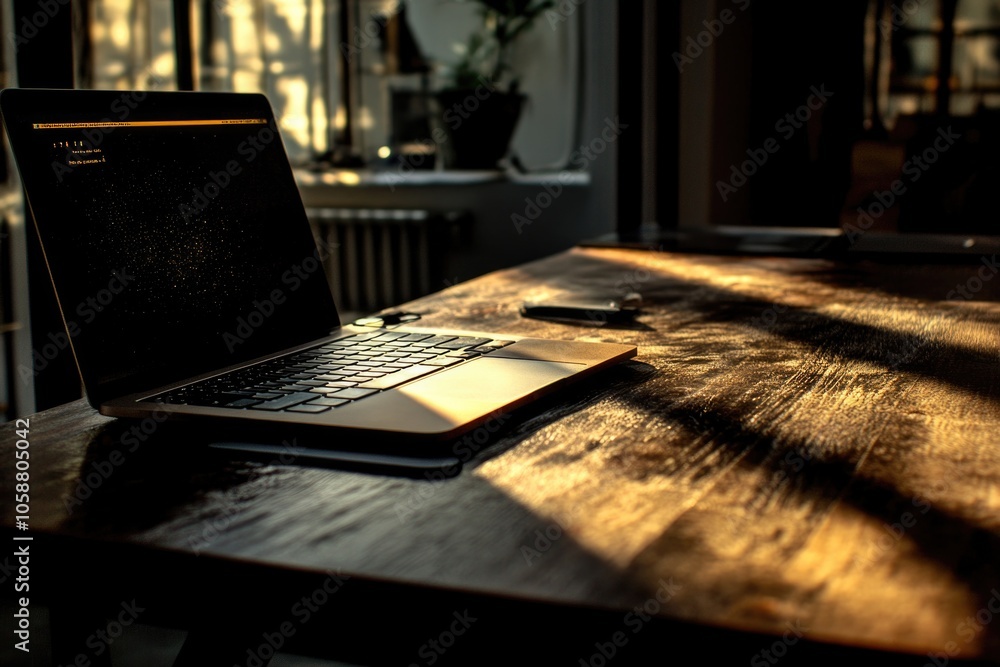 Aufkleber a laptop computer placed on a wooden table with a minimalist background