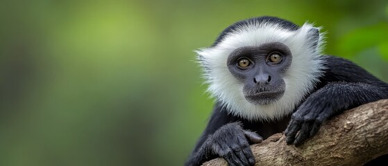 Obraz premium A black-and-white monkey sits on a tree branch, gazing at the camera with a serious expression