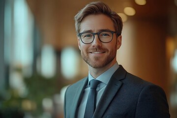 Smiling Businessman in Glasses and Suit