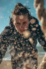 Fototapeta premium A person has fun building and shaping sandcastles on the beach