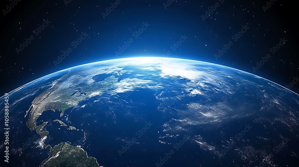 Poster earth from space, blue planet blank background with copy space for design projects