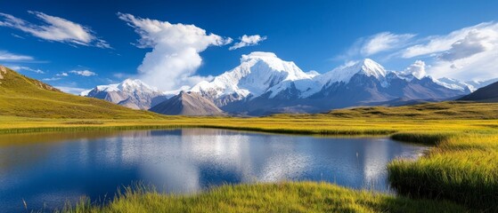  A grassy field's center hosts a tranquil lake Behind, majestic mountain ranges rise, while clouds dot the expansive sky above