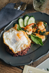 High angle view of thai food in plate on table