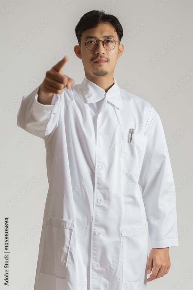 Aufkleber A scientist in a lab coat points at the camera with a serious expression