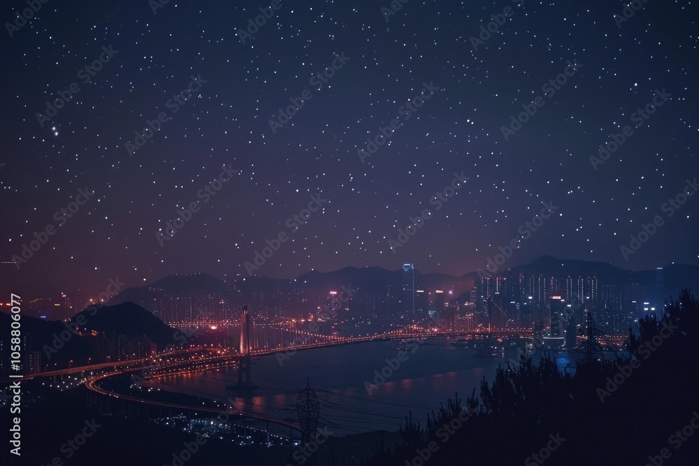 Poster a cityscape at nighttime with a clear view of the stars in the sky, perfect for use in urban and cel