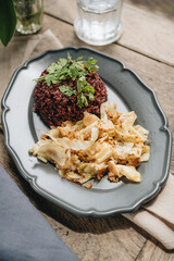 High angle view of thai food in plate on table