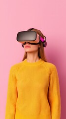 Fototapeta premium Woman Wearing VR Headset Futuristic Technology Virtual Reality Pink Background