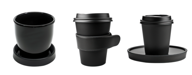 set of black coffee cup drink isolated cut out transparent background