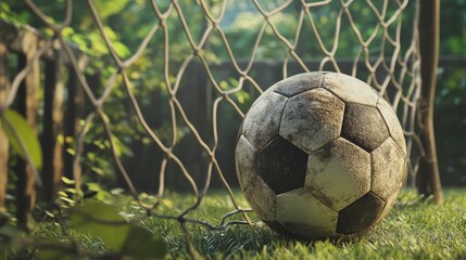 A weathered soccer ball rests near a goal net on a grassy field, capturing the spirit of the sport and the nostalgia of carefree childhood play.