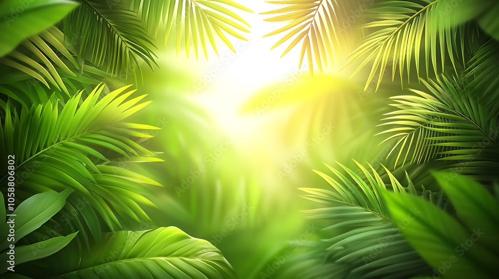 Poster sunlight through green palm leaves plain textured background for web design and copy