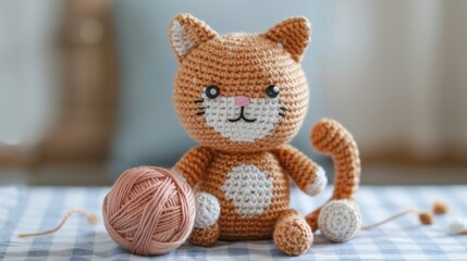 A lovingly crafted crochet cat sits adorably on a checkered surface, holding a matching yarn ball, showcasing its detailed design and charming personality.