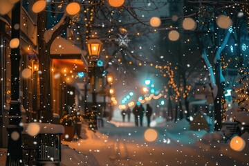 Night scene of people walking on a snowy street, lit by streetlights and moonlight