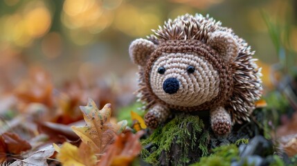 Obraz premium A charming crochet hedgehog placed on a mossy log surrounded by autumn leaves, showcasing its detailed texture and delightful, cuddly appearance.