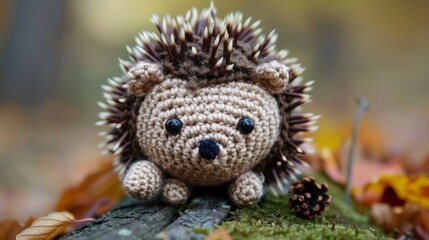 Obraz premium A cute, hand-crocheted hedgehog plush sits charmingly on a log amidst colorful autumn leaves, radiating warmth and coziness in a serene forest setting.