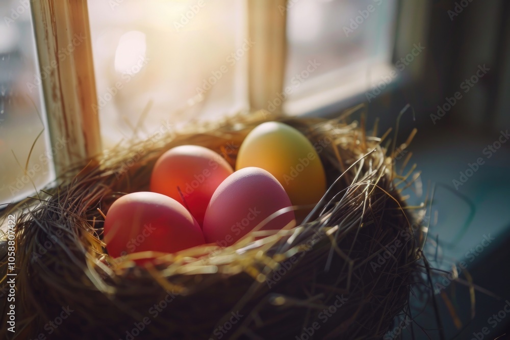Poster three eggs sit comfortably in a nest on a sunny window sill, surrounded by soft curtains