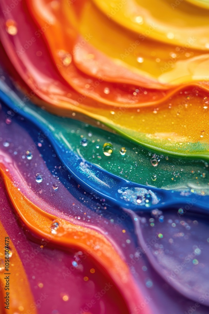 Poster a close-up shot of a colorful rainbow cake with water droplets on its surface