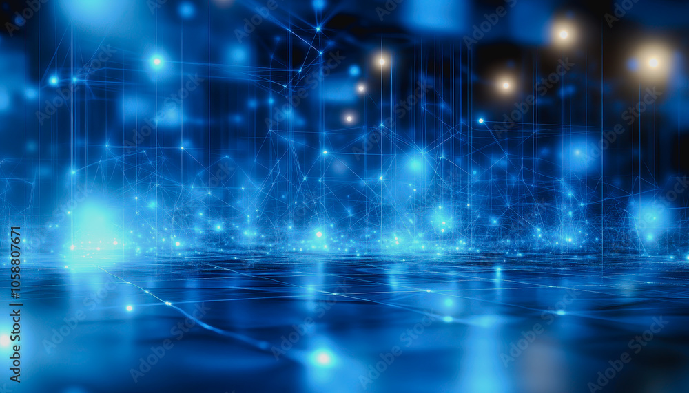 Poster a captivating futuristic digital grid with glowing blue lights, creating a sense of depth and innova