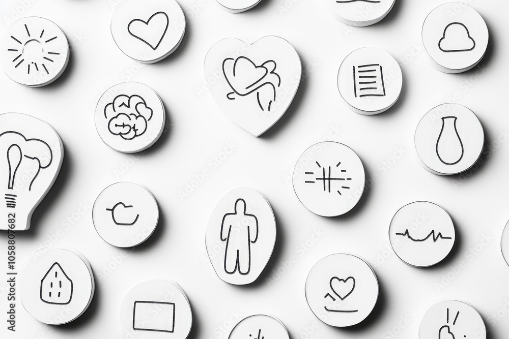 Poster A collection of white buttons featuring various symbols and icons