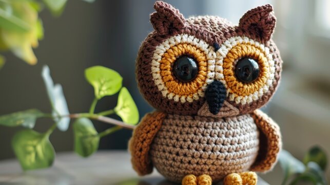 A charming crocheted owl with oversized round eyes sits comfortably among green foliage, representing creativity and art in a delightful and crafty way. - Powered by Adobe