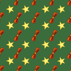 Seamless Pattern Design Red Bow and Star with Green Background