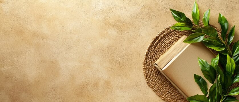 A book atop a wicker basket, beside a green, leafy plant, against a beige wall
