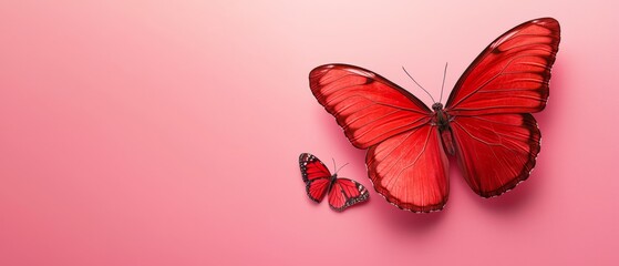  Two butterflies against a pink background; one is red, the other is black and white