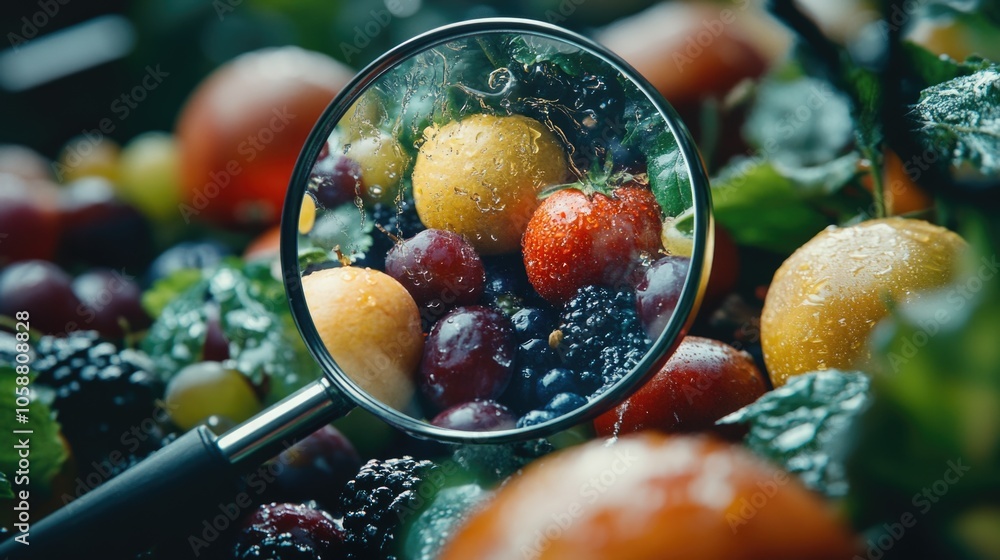 Poster a close-up view of a magnifying glass focusing on a collection of fruit