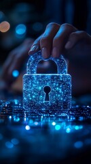 A glowing digital padlock symbolizes cybersecurity and data protection.