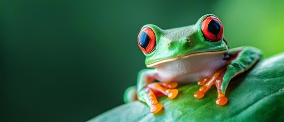 Obraz premium A red-eyed tree frog sits on a leaf, its wide-open, red eyes gazing forward The species' distinct red markings are also visible on its back