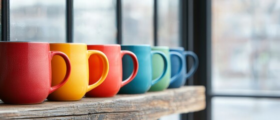  A row of colorful coffee mugs sits on a window sill in front of a large one