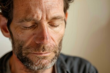 Obraz premium A close-up shot of a man's face with his eyes shut, perfect for representing introspection or contemplation