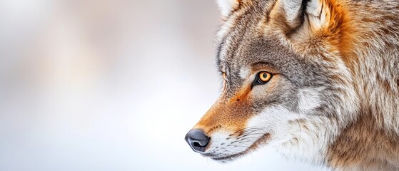 Fototapeta premium A tight shot of a wolf's face displays an orange and black stripe on its left side