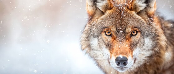 Fototapeta premium A tight shot of a wolf's face, snow covering the ground beneath Background faintly visible in the distance, softly blurred