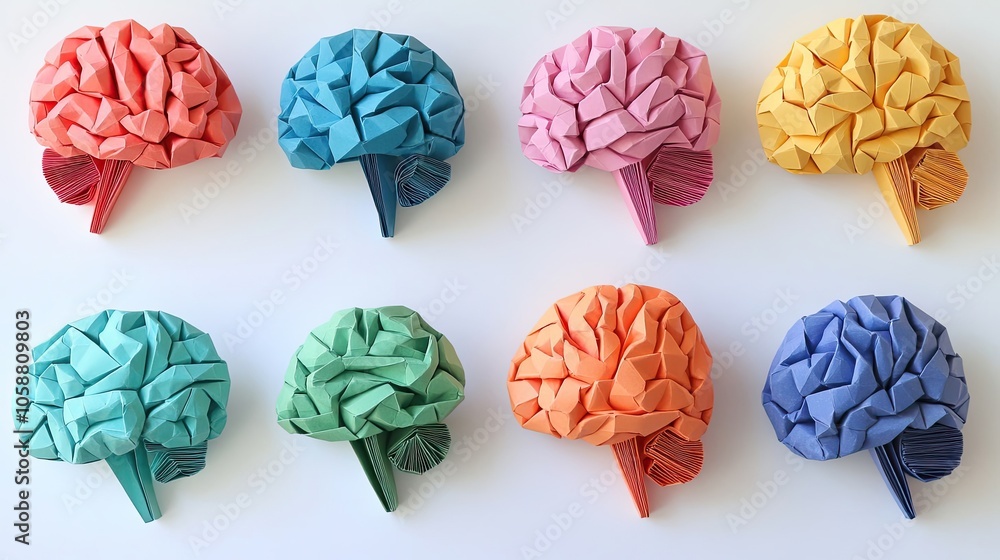 Aufkleber colorful origami brains arranged in a creative pattern on a surface generative ai