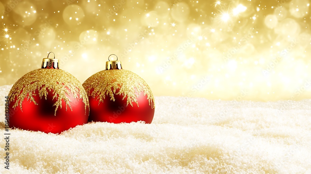 Aufkleber red christmas ornaments on snow subtle blur background with space for custom text
