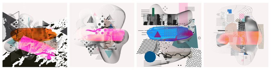 Different textures and shapes artistic vector illustration collage set. Geometric abstract design, creative background for banner, brochure, card, invitation, flyer, placard, poster, report, artwork	