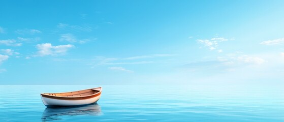 Naklejka premium A small boat floats on a expansive body of water, surrounded by a blue sky dotted with clouds