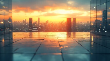 Nighttime City Center with Platforms, Roads, Parking Lot, and Brick Pavement for Car Advertisement Background