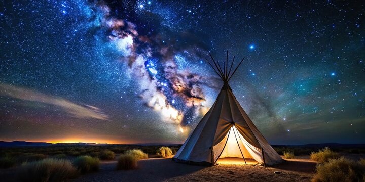 teepee glowing under starry sky at night in marfa texas