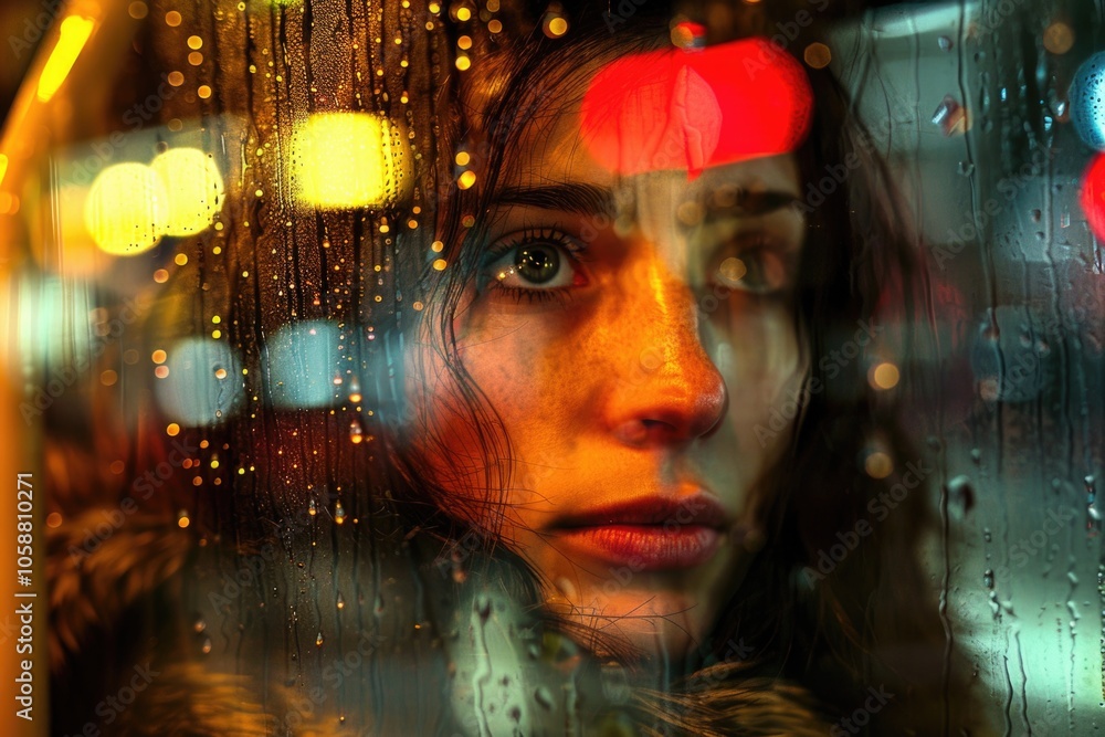Poster a person gazing out into the rain from behind a window