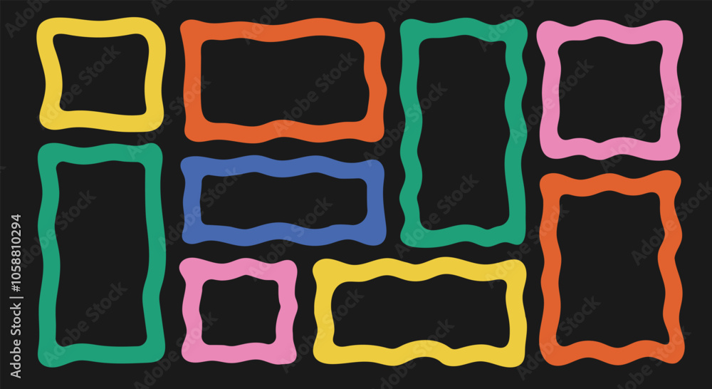 Poster set of abstract organic wavy frame. playful color border with copy space. retro aesthetic zigzag tex