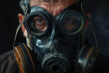 A person wearing a gas mask and surrounded by smoke, possibly in a hazardous environment