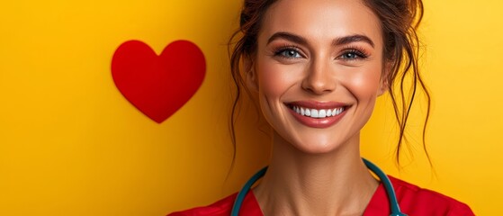 Obraz premium Woman in front of yellow backdrop, holding stethoscope Red heart emblem present